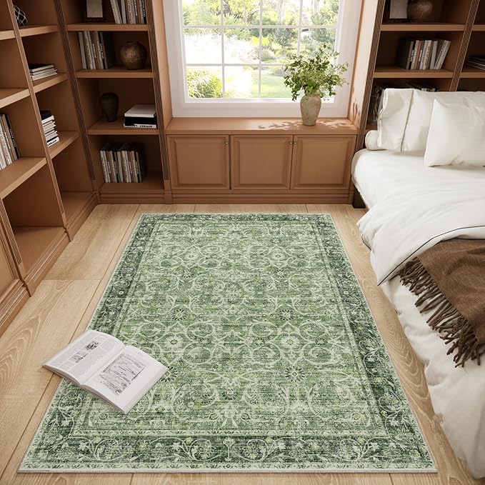 Washable Area Rugs 5'x7' Non-Slip Vintage Boho Distressed Fade Resistant Low Pile Carpet for High-Traffic Living Room, Bedroom & Dining Room