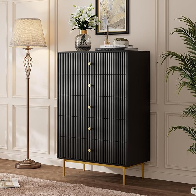 5 Drawer Dresser for Bedroom, Tall Dresser Chest of Drawers with Gold Handles, Wood Storage Cabinet for Bedroom, Black