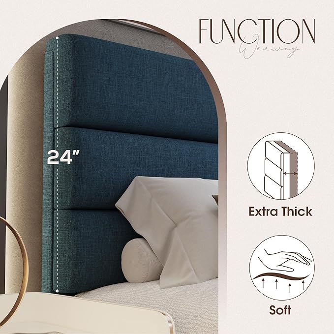 WEEWAY Full Size Bed Frame Platform Bed with Linen Fabric Upholstered Headboard and Wooden Slats Support, Heavy Duty Mattress Foundation, No Box Spring Needed, Easy Assembly, Navy Blue