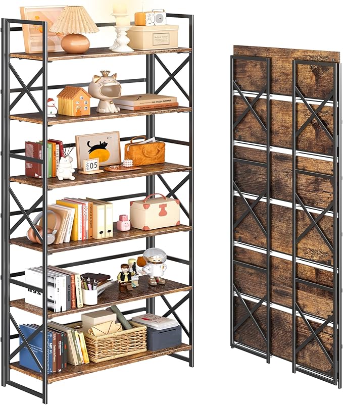 4NM Extra Wide 6 Tiers No Assembly Book Shelves, 61.8" H Folding Bookshelf Bookcase Open Industrial Foldable Shelves for Bedroom, Living Room, Home Office - Rustic Brown Black