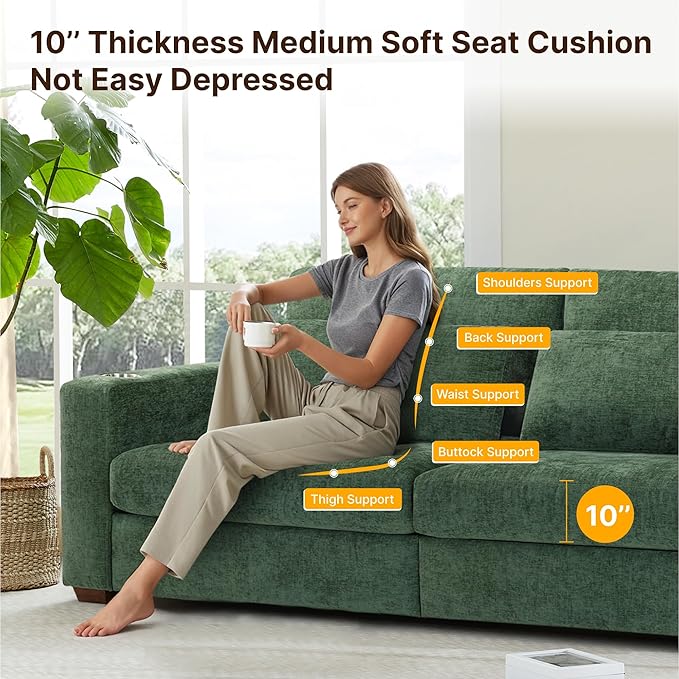 89" Sofa Couch for Living Room Chenille Upholstered Couch with Deep Seats and Wide Armrests 3 Seater Comfy Sofa with Cup Holders, USB & Type-C Ports, Spring Cushion, Solid Wood Frame Green