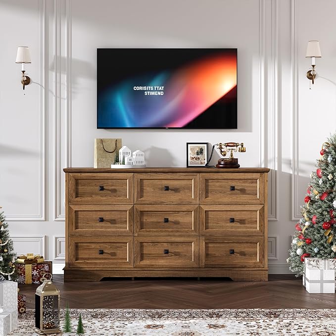 Farmhouse 9 Drawers Dresser Chests for Bedroom, 9 Drawers TV Stand, Long Wood Dressers Organizer for Closet, Modern Storage Organizer Cabinet for Bedroom, Hallway & Entryway, Natural Oak