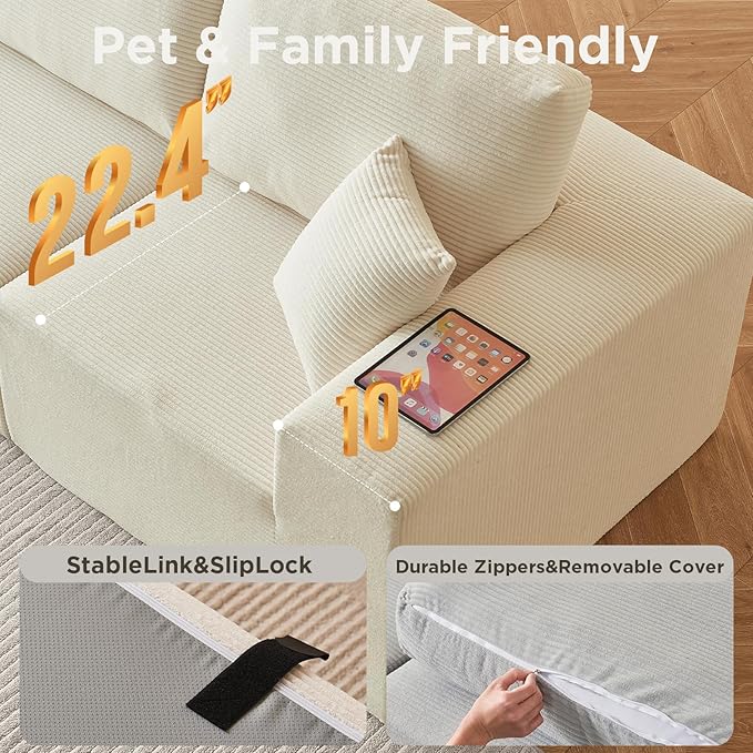 INGEROOM 79" Cloud Couch, Loveseat Sofa with Deep Seat, Modern Plush Corduroy Small Couch for Living Room Bedroom（Beige）