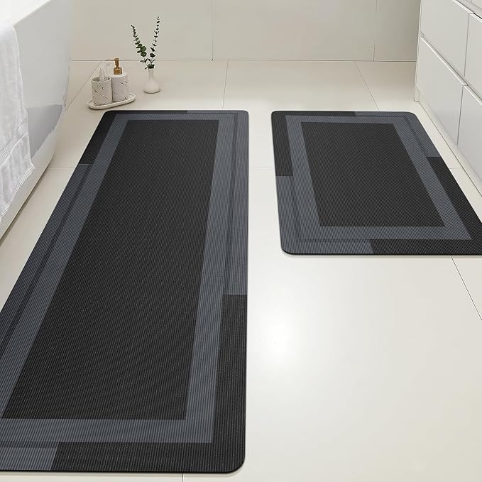 Ultra Thin Bath Mats Fit Under Door 2 piece, Upgrade Backing Non Slip Bath Mat, Quick Dry absorbent Bath Mat, Machine Washable Bathroom Rugs for Bathroom, Bathtub, Kitchen, Black, 24"x17"+48"x20"