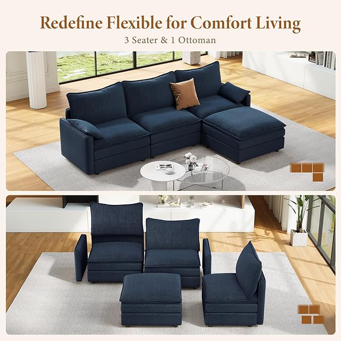 Vesgantti 108" Modular Sectional Sofa, Comfy Cloud Couch with Movable Ottoman Deep Seat Chenille L Shaped Modular Sofa, Sectional Couches for Living Room, Bedroom and Apartment, Blue