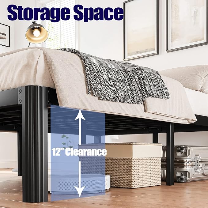 14in High Queen Bed Frame No Box Spring Needed, Heavy Duty Metal Platform Bed Frame Queen Size with Round Corners, Easy Assembly, Noise Free, Black