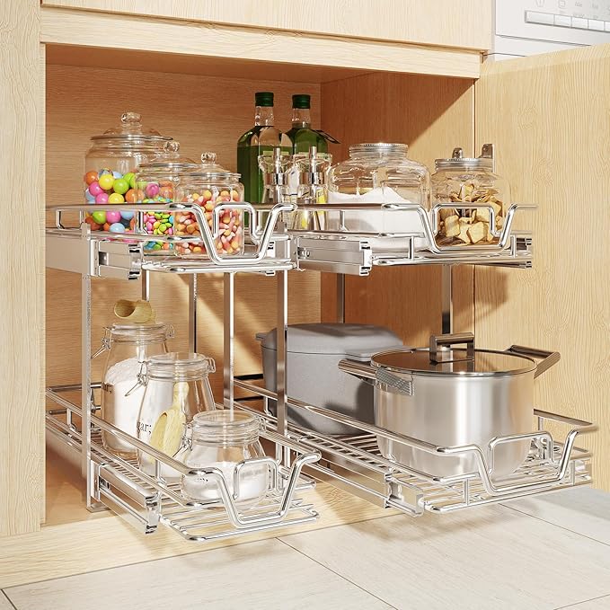 2-Tier Kitchen Pull out Cabinet Organizer,Shelf and Drawer Organizer Slide Out Pantry Storaqe Basket in Multiple Sizes (10.8" W x 21" D)