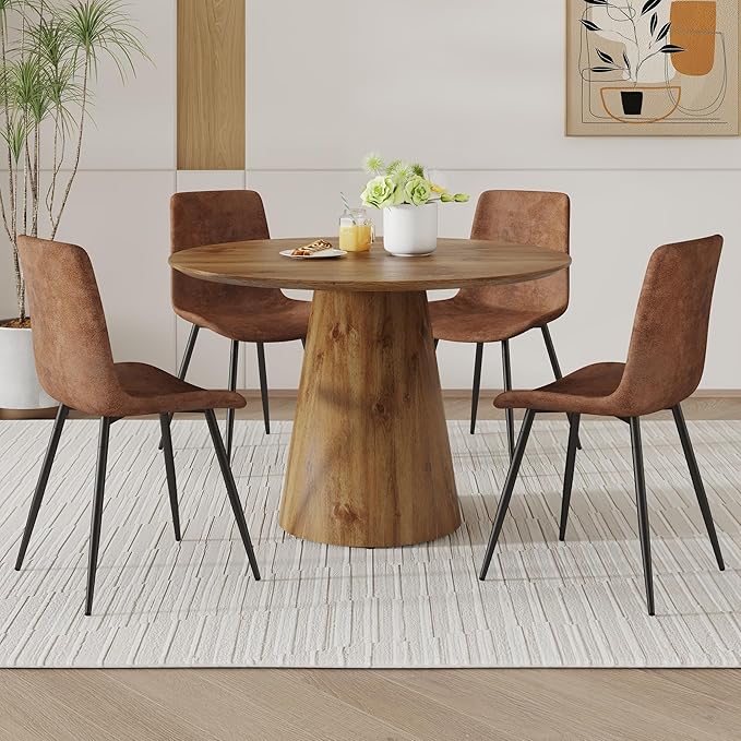 45 Inch Round Dining Table Set for 4, 5 Piece Kitchen Table and Chairs Set, Wooden Table with Light Walnut Finish, Small Space Dining Set for Apartment or Dining Room