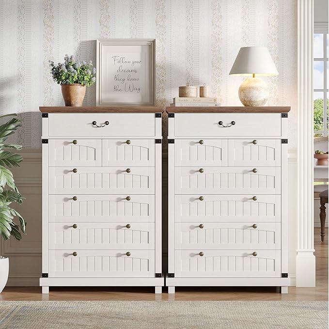 Maupvit Farmhouse 7 Drawer Dresser for Bedroom, 47" Tall Dresser Wood Chest of Drawers, Organizer Drawers for Bedroom, Living Room, Storage Room, Antique White