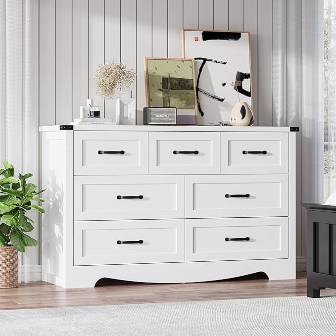 7-Drawer Dresser for Bedroom – 47" Wide Modern Wooden Chest with Natural Wood Texture, TV Stand & Storage, Metal Corner Brackets, Wood Drawer Organizer for Living Room, Hallway