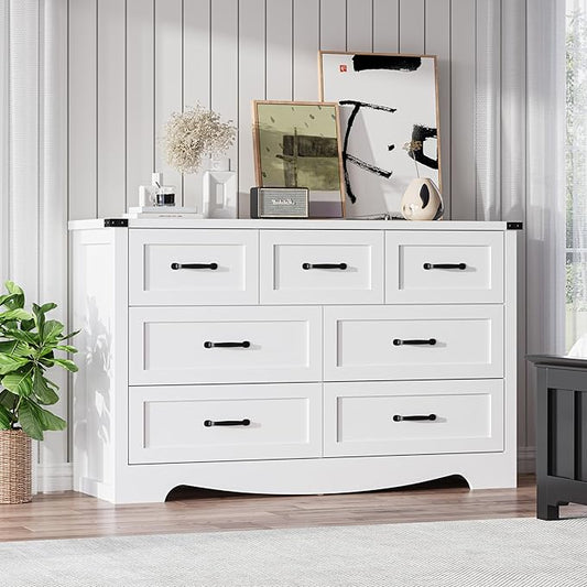7-Drawer Dresser for Bedroom – 47" Wide Modern Wooden Chest with Natural Wood Texture, TV Stand & Storage, Metal Corner Brackets, Wood Drawer Organizer for Living Room, Hallway