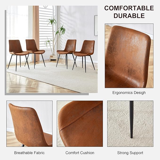 Granite Modern Dining Table Set for 4, 50" Sintered Stone Kitchen Table and 4 Upholstered Suede Leather Chair Dining Room Table Set for 4(1Marble Table and Brown Chairs Set of 4)