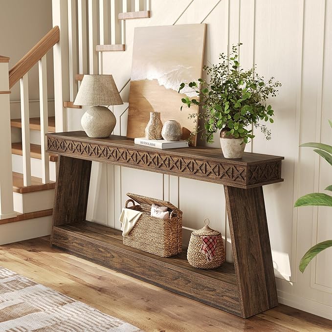LITTLE TREE 70.87" Long Farmhouse Console Table, 2-Tier Shelf Narrow Accent Entryway Sofa Table for Living Room, Behind Couch, Hallway - Dark Brown