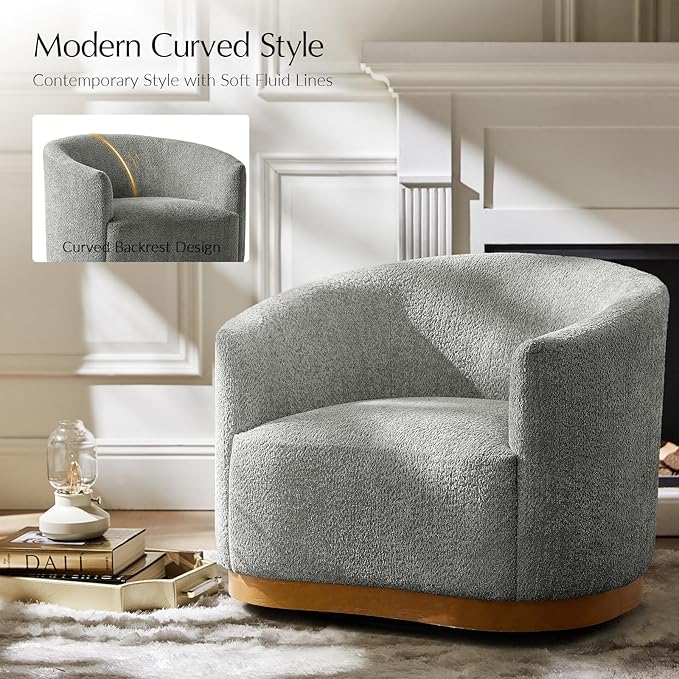 HULALA HOME Chenille Swivel Accent Chairs Set of 2, Fully Assembled, Comfy Upholstery Barrel Armchair with Sturdy Solid Wood Base, Grey