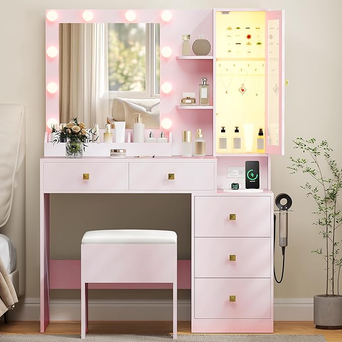Vanity Desk with Mirror and Lights,Makeup Table with Charging Station & RGB Storage Cabinet,Large Drawer & Storage Shelves,5 Drawer,Bedroom Dressing Table, Pink
