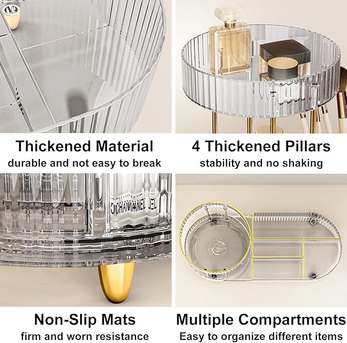 DASITON 360° Rotating Makeup Organizer for Vanity, 2 Tier Perfume Cosmetic Skincare Organizers with Makeup Brush Holder, Large Capacity Cosmetic Display Case for Bedroom Bathroom Countertop (Clear)