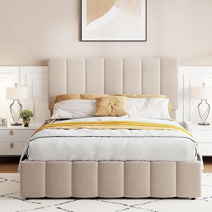 Full Size Bed Frame with Headboard, Elegant Linen Upholstered Platform Bed with a Hydraulic Storage System, Linen Fabric Backrest and Pine Wood Slats, No Box Spring Needed, Beige