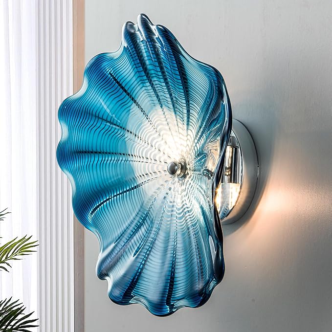 Hand Blown Glass Plate Wall Decor, Modern Unique Glass Wall Art, Lotus Leaf Wall Plate Shape Wall Sconce with Transparent and Easy to Clean for Staircase, Living Room, Kitchen, Hallway (Blue-1)