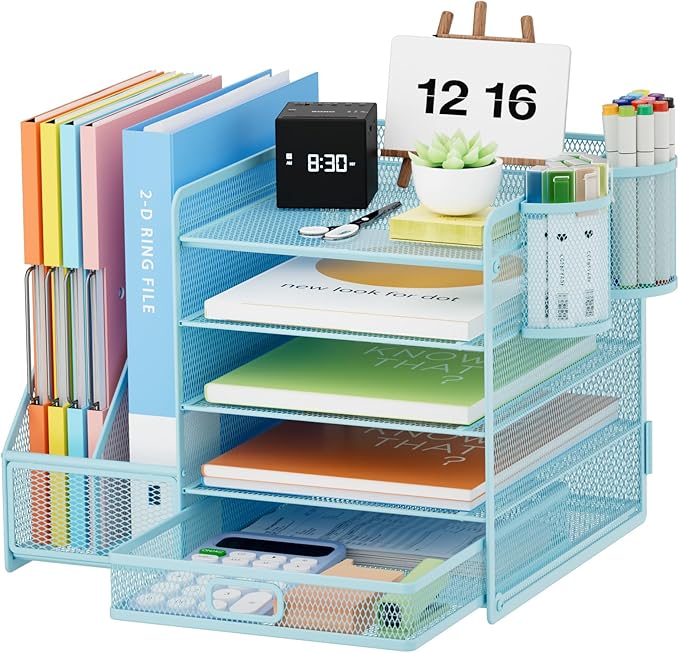 Marbrasse Desk Organizer with File Holder, 5-Tier Paper Letter Tray Organizer with Drawer and 2 Pen Holder, Mesh Desktop Organizer and Storage with Magazine Holder for Office Supplies(Blue)