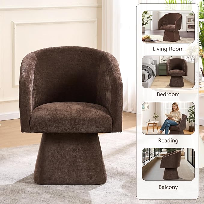Swivel Modern Accent Chair,Luxury Fabric Upholstered Makeup Chair Comfy Barrel Chair with No Wheels,360°Rotating Vanity Armchair for Living Room Bedroom Office(Brown)