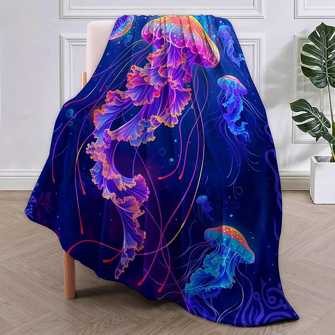 Jellyfish Flannel Blanket, Jellyfish Gifts, Ocean-Themed Blanket for Women, Soft Lightweight Throw Blankets for Bed Home Travel Decor 40" x 50"