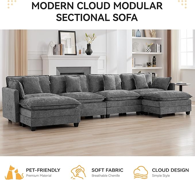 147'' Sectional Cloud Deep Seat Couch, Oversized Chenille U Shaped Sectional Sofa for Living Room Set, Comfy Upholstered Modular Sectional Sofa Couch with Movable Ottoman, Grey