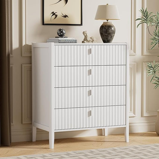White 4 Drawer Dresser, 31.5" Wide White Modern Dresser with Fluted Front & Metal Handles for Bedroom, Living Room