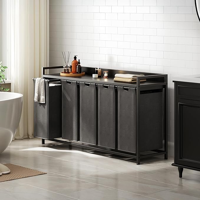 Laundry Hamper with Shelf, Laundry Basket 5 Section, Laundry Sorter with Pull-Out Removable Large Bags and Movable Wheels, Metal Frame, 5 x 15.87 Gallons (60L), Black PF08XLB