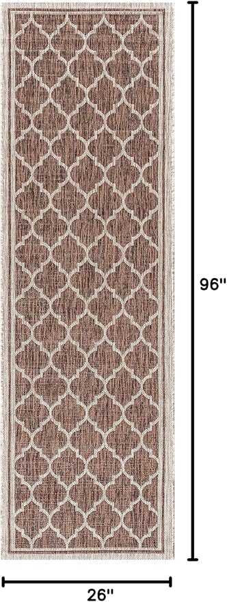 Eyely BMS109B-28 Santa Monica Trebol Moroccan Trellis Textured Weave Indoor/Outdoor Runner Rug Coastal;Bohemian, Bedroom, Backyard, Patio, Easy-Cleaning, Non-Shedding, 2 X 8, Espresso/Taupe
