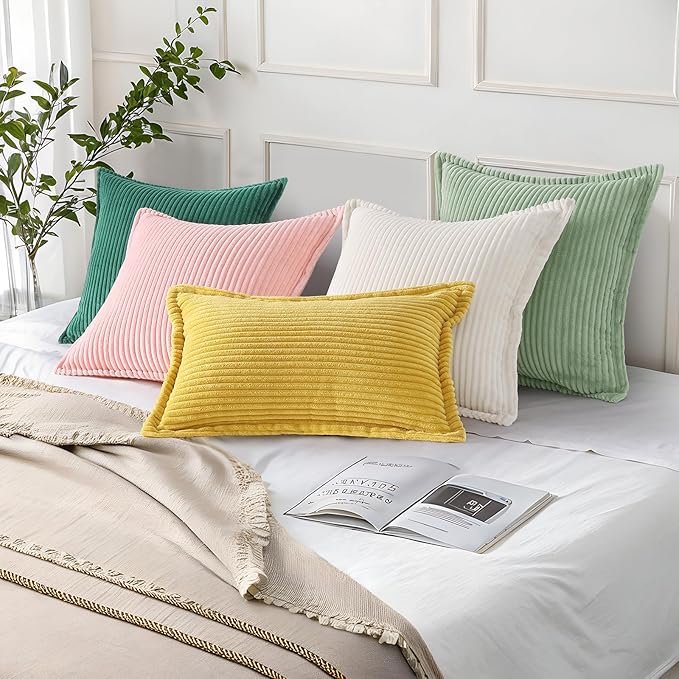 Mecatny Corduroy Throw Pillow Covers 20x20 Set of 2, Neutral Decorative Soft Boho Couch Pillow Covers with Broadside for Sofa Living Room, Pink