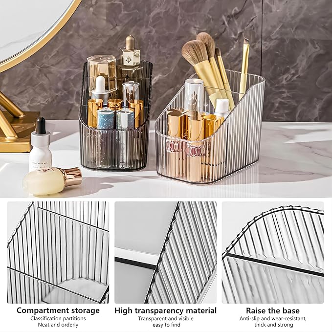 DASITON Large Capacity Makeup Brush Holder,3 Slot Makeup Brush Cup,Vintage striped Make Up Brush Holder,for Vanity Decor,Bathroom Countertops,Desk Storage Container,Cosmetic Display cases(Clear-S)