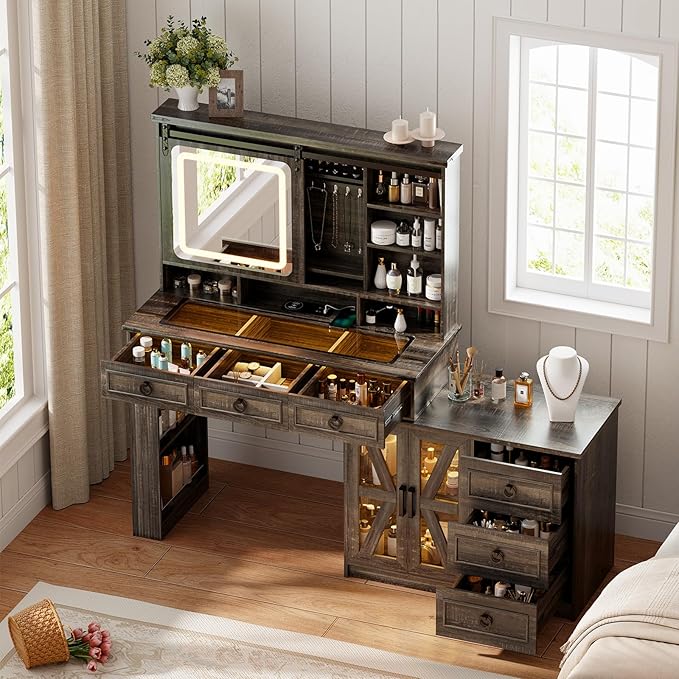 60"W Farmhouse Makeup Vanity Desk with Sliding Mirror and Lights, Charging Glass Top Large Vanity Table with Jewelry Storage,Vanity Set with 6 Drawers,10 Shelves,Side Storage Cabinet,Rustic Brown