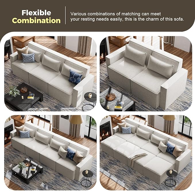 ELUCHANG 93" Modular Sectional Sofa Couch, 3 Seater Large Sectional Couches for Living Room, Modern Linen Fabric Oversized Couch, Comfy Deep Seat Home Sofas Set, Oatmeal