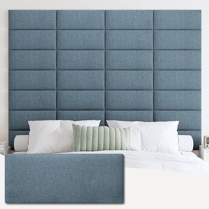 IFNOW Upholstered Wall Mounted Headboard, 3D Soundproof Wall Panels Peel and Stick for Queen Size, Reusable and Removable Tufted Bed Headboard in Dusty Blue (9 Panels, 10" x 24")