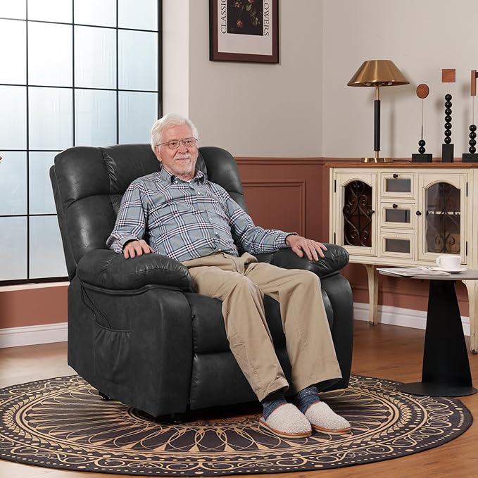 FLEXISPOT XL51 Dual OKIN Motor Power Lift Recliner Chair for Elderly, Lay Flat Electric Recliner with Massage & Heat, USB Ports, Faux Leather Reclining Sofa for Living Room Bedroom, Black