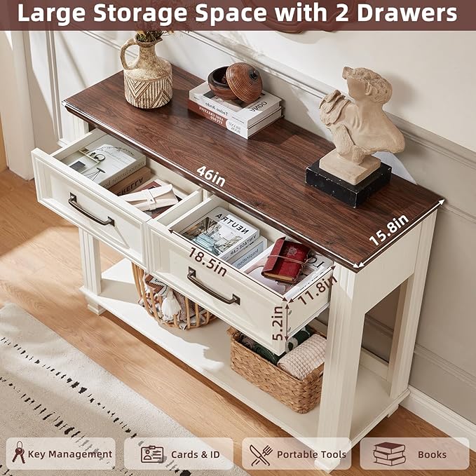Farmhouse 46" Console Table with 2 Drawers, Rustic Wood 2 Tier Entryway Table with Open Storage Shelf for Entry, Large Mid-Century Vintage Sofa Tables Behind Couch for Living Room, White
