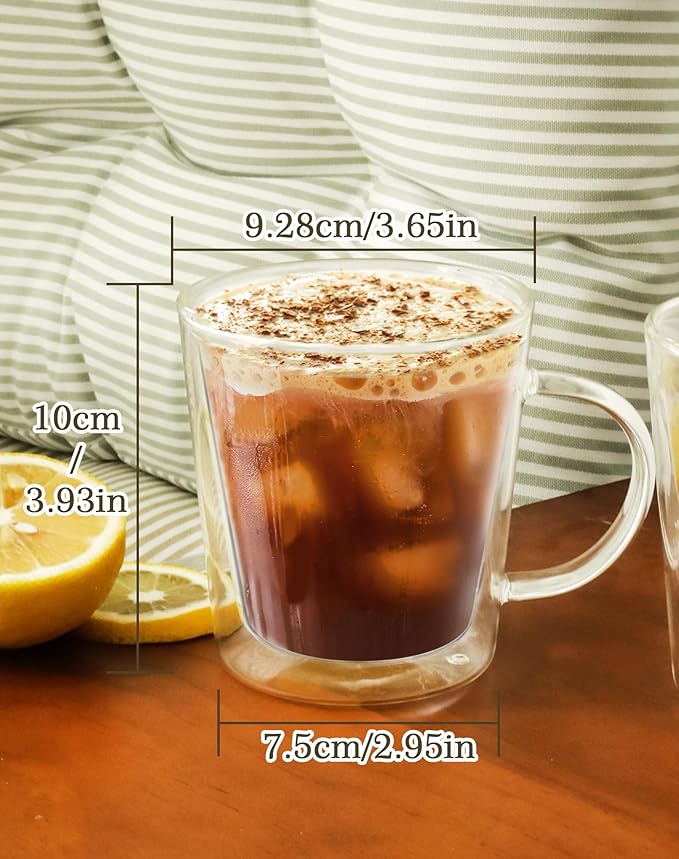 LIBWYS 12oz Double Wall Glass Coffee Mugs, Cappuccino Latte Tea Cups with Handle, Heat Resistant Borosilicate Insulated Clear Glasses (Set of 6)