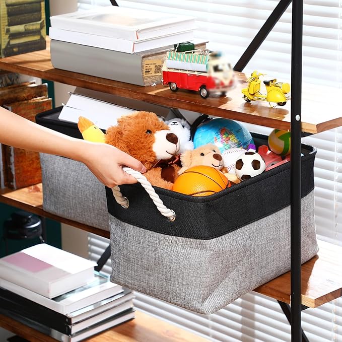 meekoo 8 Pack Collapsible Storage Bins Fabric Storage Bins Polyester Fabric Baskets with Handles Linen Closet Organizer for Shelf Home Closet Towels Toys(15 x 11 x 9.5 in,Black Gray)