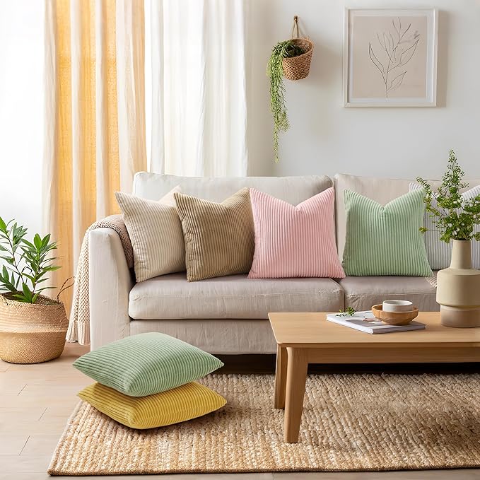 Mecatny Corduroy Decorative Throw Pillow Covers 26x26 Set of 2 for Sofa Living Room, Soft Neutral Boho Couch Pillow Covers for Home Decor, Sage Green