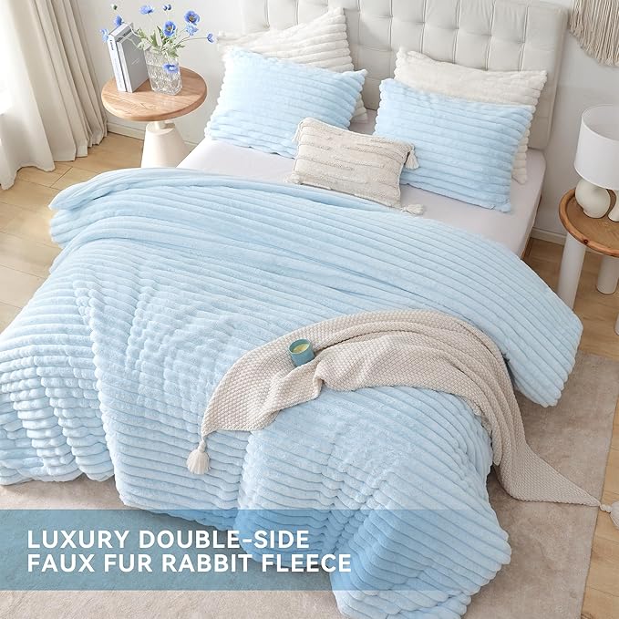 Smoofy Fluffy Twin Comforter Sets 2 Pieces - Light Blue Fleece Fluffy Comforter Set, Luxury Fuzzy Twin Bedding Set, Soft Warm Comforter All Season, Heavy Faux Fur Comforter with Pillow Cases