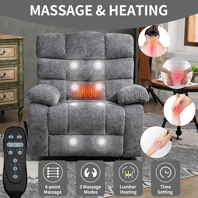 Luxlen Lift Recliner Chair Heat Massage Dual Motor Infinite Position Up to 350 LBS Large Electric Power Lift Recliners with Power-Remote, Medium-Firm and Heavy Duty, Light Grey