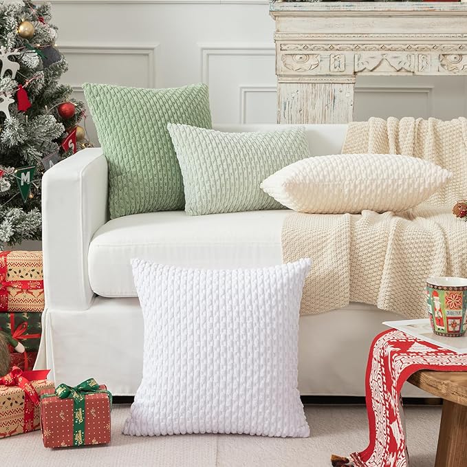 Kevin Textile Velvet Pillow Covers Striped Decorative Throw Cushion Case with Hidden Zipper for Home Couch/Bedroom 2 Pack (24x24 Inch Pure White)