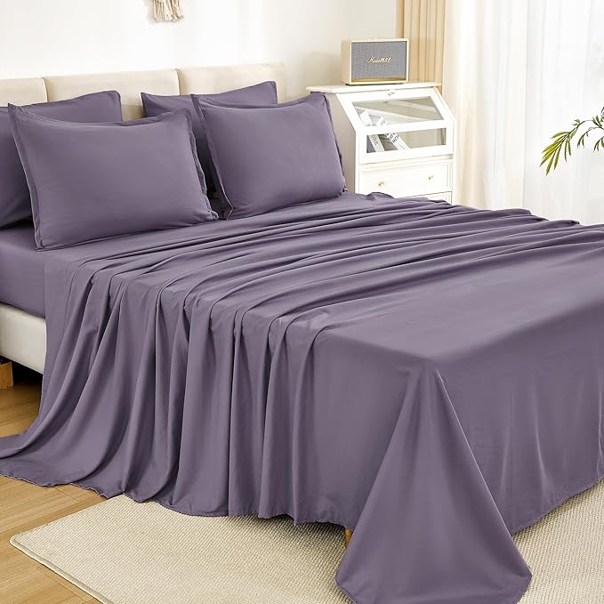 Litanika Full Size Comforter Sets Grey Purple - 7 Pieces Bed in a Bag Full Bedding Comforter Sets, Solid Lightweight Bed Set with Comforter, Sheets, Pillowcases & Shams