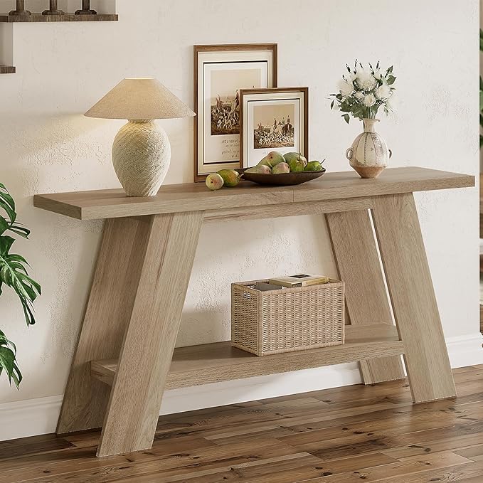 Treocho 63 Inch Long Farmhouse Console Tables for Entryway, 2-Tier Modern Wood Sofa Table with Shelf Behind Couch, Contemporary Narrow Entryway Table for Living Room, Hallway, Entrance, Walnut