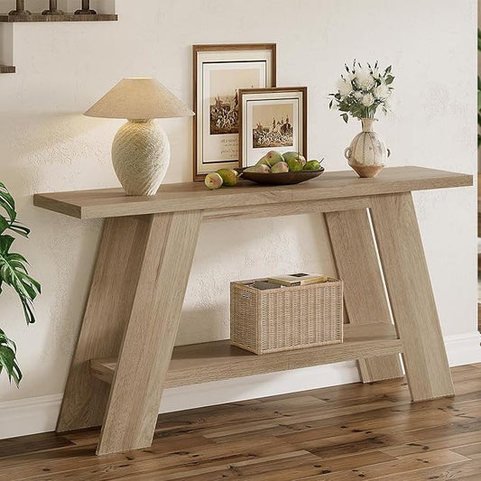 Treocho 63 Inch Long Farmhouse Console Tables for Entryway, 2-Tier Modern Wood Sofa Table with Shelf Behind Couch, Contemporary Narrow Entryway Table for Living Room, Hallway, Entrance, Walnut