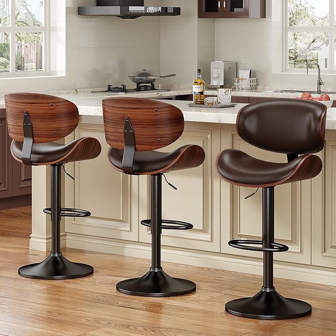 Swivel Bar Stools Set of 2, Modern PU Leather Adjustable Counter Stool, Barstool with Back and Footrest for Home Kitchen Island, Brown