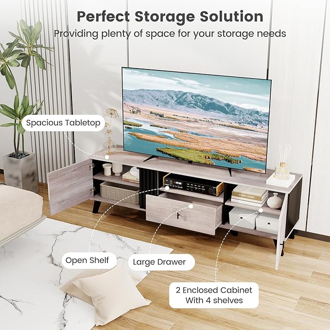 Giantex Mid Century ModernTV Stand for 65-80 Inch TV, Wood Entertainment Center with Storage Drawer, 2 Side Cabinet &Open Shelf, TV Console Table for Bedroom, Living Room