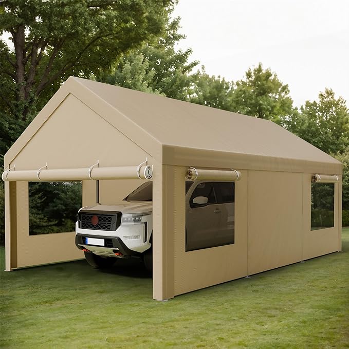 Shintenchi Carport 10' x 20' Heavy Duty Portable Garage, Car Port Canopy with Side-Opening Removable Door & Roll-Up Windows, Car Canopy for Truck,Car,Boat,Motorcycle,Khaki