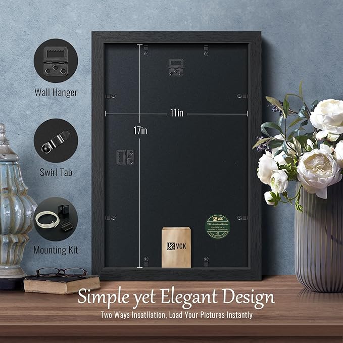 VCK 11x17 Poster Frame Set of 2 - Black, Textured Exclusive Solid Wood Picture Frames, Wall Gallery Frame