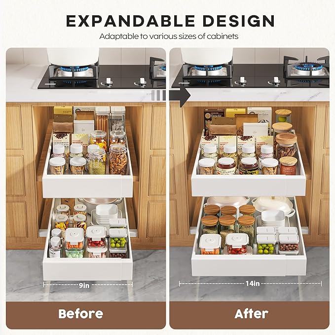 2 Pack Pull Out Cabinet Organizers 21" Deep With Raising Pad for Framed Cabinets, Expandable Width (9"-14") Slide Out Drawers Upgrade 3 Slide Rails, Roll Out Shelves Adhesive, White